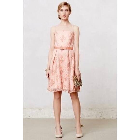 Anthropologie Eva Franco Peach Blossom Belted Dress A-line Embroidered Size 6 - Picture 1 of 13